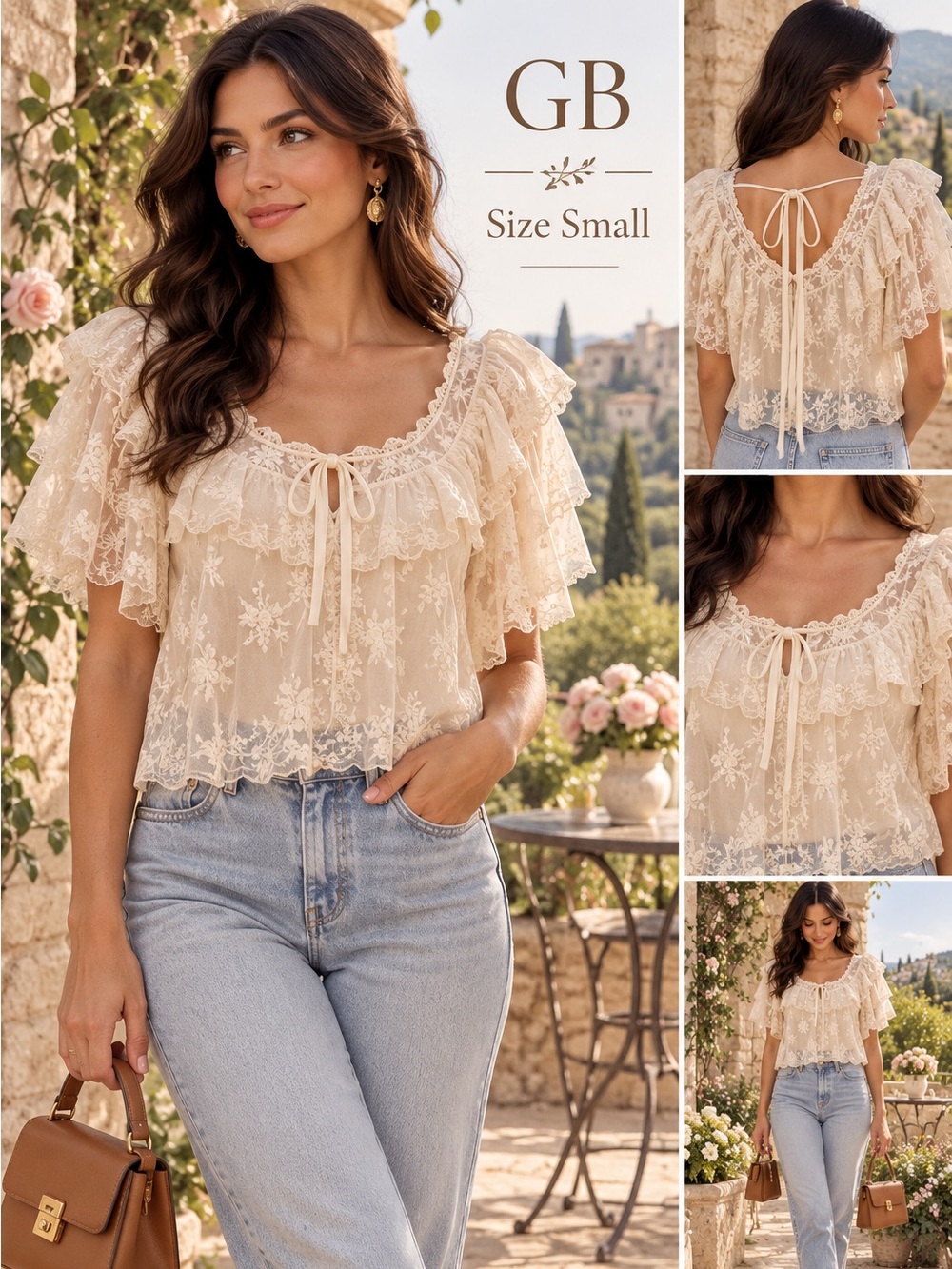 NWT GB Ivory Embroidered Lace Ruffle Sleeve Blouse Top Size Small